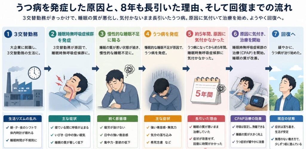 睡眠時無呼吸症候群が原因でうつ病を発症し、CPAP治療によって回復へ向かった実体験をまとめた図解。3交替勤務、睡眠不足、うつ病発症、治療開始から回復までの流れを解説している。