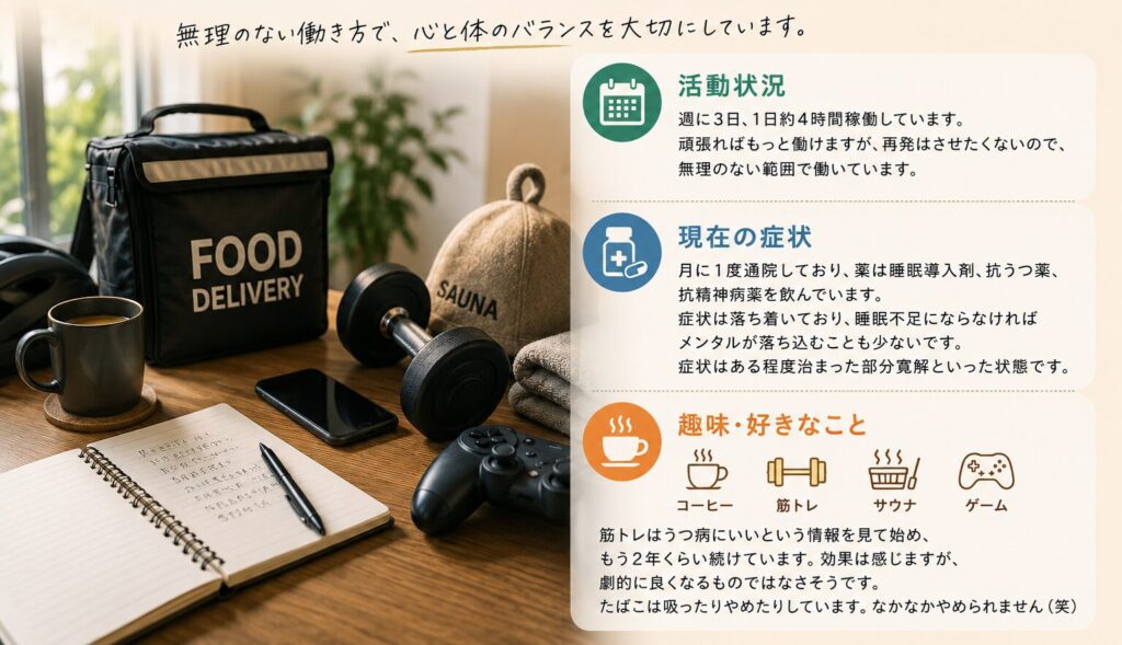 うつ病と付き合いながらフードデリバリーで働く筆者の現在のライフスタイルを紹介する画像。コーヒー、筋トレ、サウナ、ゲームなどの趣味と、無理のない働き方をイメージしている。