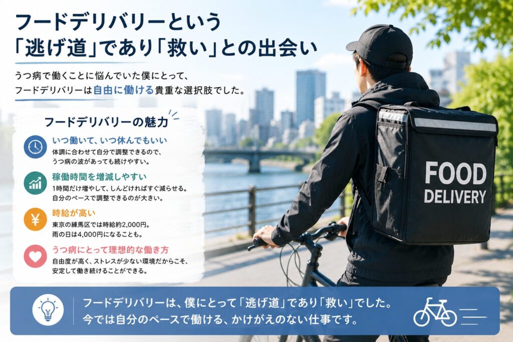 うつ病経験者がフードデリバリーという働き方と出会い、自分のペースで働けるようになった転機を紹介する画像。配達員が自転車で街中を移動する様子を描いている。