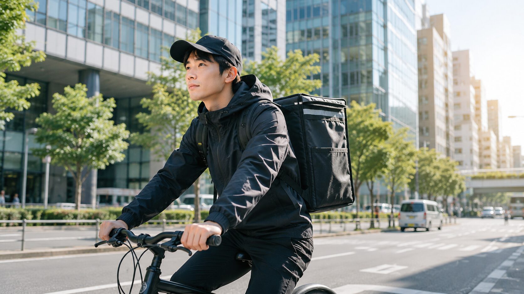 フードデリバリーで働く男性配達員が自転車で配達している様子。うつ病から回復しながら、自分のペースで働ける仕事としてフードデリバリーを続けているイメージ写真。
