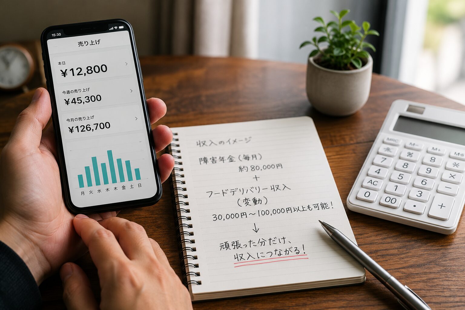 フードデリバリーの売上を確認するスマートフォンと収入計画を書いたノート。障害年金を受給しながら働き、頑張った分だけ収入を増やせる働き方をイメージした写真。